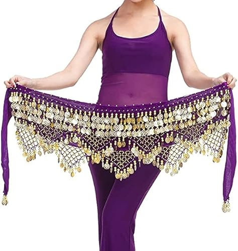 Nimiman Cintura triangolare da donna per danza del ventre, con monete dorate, gonna avvolgente per costume da ballo, Viola, Taglia Unica
