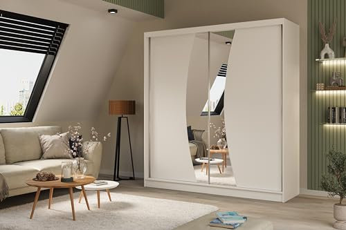 ALTDECOR Kleiderschrank mit Spiegel und Schiebetüren, kugelgelagerte Führungsschienen und Aluminium-Leisten, LED-Beleuchtung (weiß + 16 Farben) und Fernbedienung - VOXI - 200 cm Weiß