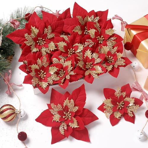 Alupssuc 24 Stück künstliche Weihnachtsblumen Dekorationen Weihnachtsstern Weihnachten Glitzer Hochzeit Weihnachtsbaum Neujahr Ornamente mit Clip und Stab, Rot