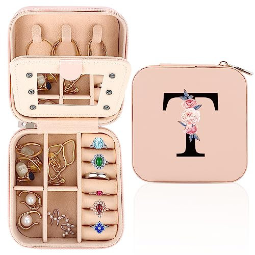 WALLFID Travel Jewellery Box,Alphabet Jewellery Organiser,Portable Jewellery Box,Small Travel Jewellery Storage Case with Mirror,Birthday Gift for Women,Mothers Birthday Valentines Day Gift Ideal(T)