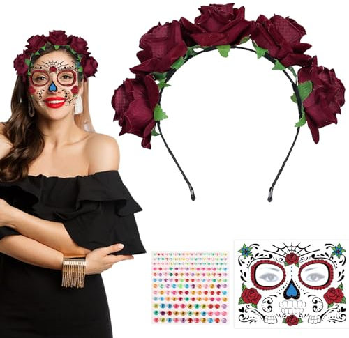 GAROMIA Tag Der Toten Haarreif mit Halloween Gesicht Tattoos Halloween Rose Floral Mexikanischen Stirnband Blumen Kronen Stirnband Rosen für Karnival Fasching Halloween Kostüm Accessoires