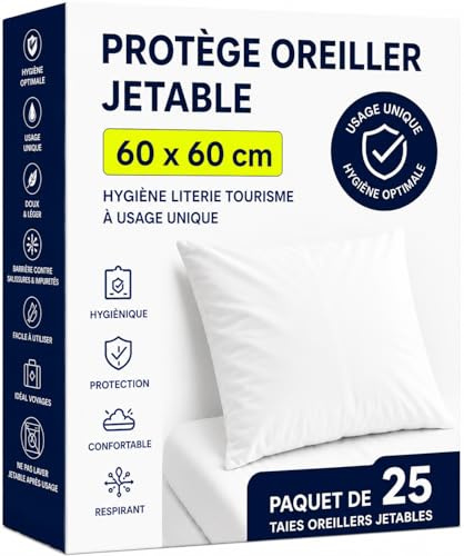 Protège Oreiller Jetable 60x60 cm – Paquet de 25 Taies Oreillers – Housse de Protection Coussin à Usage Unique – Hygiène Literie Tourisme (Campings - Hôtels - Gîtes …)