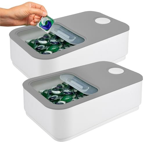 Skywin Large Laundry Pods Container with Slide Lid, 2 Pack Laundry Pod Holder 15 x 8.7 x 4.5 In, Holds 11 lbs OR 120-150 Pods, Laundry Pod Container, Dishwasher Pods Container (Grey)