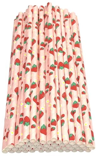 Haobase 50Pcs Paper Drinking Straws, Biodegradable Paper Straws for Drinking Cocktail, Coffee, Cold Drinks (Fruit Pattern) (Strawberry Pattern)