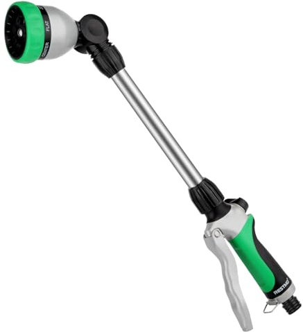 RESTMO Lancia per irrigazione da 48 cm, lancia a spruzzo lunga in metallo, testa a cricchetto regolabile a 180°, 7 modalità di spruzzo, bacchetta di estensione per tubo flessibile, perfetta pistola a