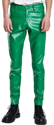 FEOYA Men's Slim Fit Leather Trousers Stretch Elastic Faux PU Pencil Pants Wet Look Straight Leg Trousers for Motocycle Biker Dance Bar Nightclub Stage Show Cosplay Mid Waist Summer Spring Green 36