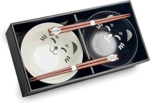 2 Personen - Udon Bowl Set - Katzen - Japanisches Geschirrset - Essset - Suppenschalen Set - Ramen Bowl Set - Servierschalen Set - Miso - Suppenschalen - Salatschalen - Poke Bowl Set - Reisschalen -