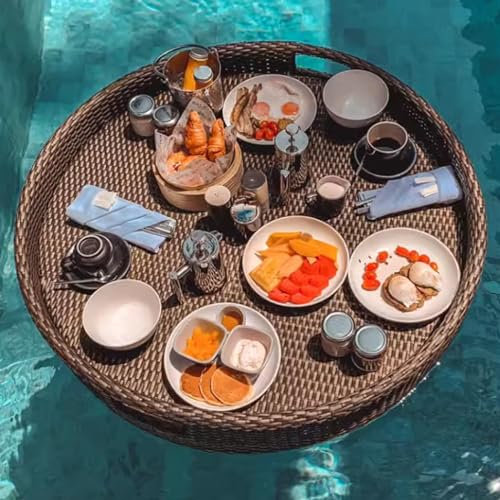 Schwimmbecken Für Schwimmbecken, Schwimmender Serviertablett-Tisch, Schwimmbecken Für Erwachsene, Rundes Rattan Groß Schwimmender Getränkehalter, Schwimmendes Brunch-tablett,Brown-80cm/31in