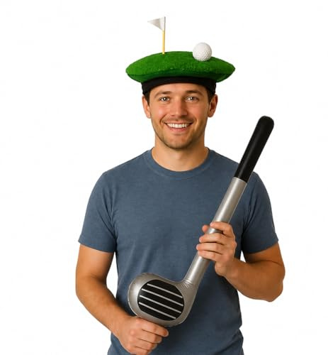 FNA FASHIONS Visier Hut & Aufblasbarer Golfschläger Verkleidung Set - Golf Kostüm Zubehör für Erwachsene - Fun Sport Cosplay Party Requisiten Themen-Events Junggesellenabschied Photo Booth