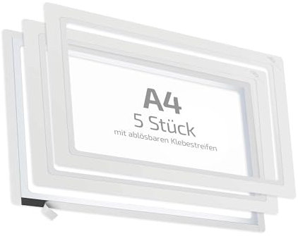 spLEAN 5 Stück Dokumentenhalter klebend mehrfach ablösbar DIN A4, Rahmen, weiß, Aushang aus stabiler Vinyl-Hartfolie Stärke 0,70 mm, Made in Germany