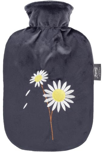 Fashy Wärmflasche 2,0 L mit Flauschbezug mit Stickerei Blumen, schwarz