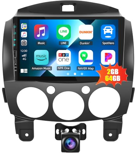 CAMECHO 2G+64G Android 13 Autoradio für Mazda 2 (2007-2014) mit Navi Carplay Android Auto, Doppel Din Autoradio mit 9 Zoll Bildschirm Bluetooth FM/RDS MirrorLink+Rückfahrkamera