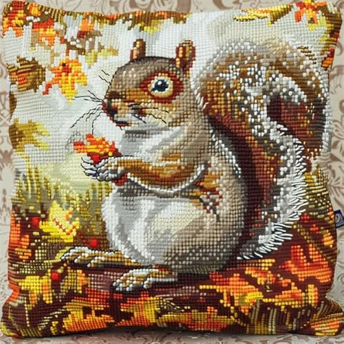 kitphoenix Knüpfen Kissen Set Eichhörnchen Knüpfkissen Set für Anfänger Erwachsene oder Kinder zum Selber Knüpfen, DIY Knüpfteppich Knüpfpackung, Knüpfhaken Set 43 x 43 cm