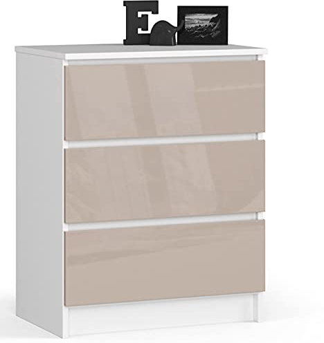 Kommode in Cappuccino Hochglanz mit 3 geräumigen Schubladen, 60 cm breit, 77 cm hoch Kommode Schlafzimmer Flur Wohnzimmer Organizer Kommode mit Schubladen Holz Highboard Sideboard Schrank