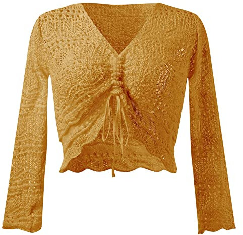 Angxiwan Bargains of The Day Sale T Shirts for Women UK Plus Size Womens Off The Shoulder Sheer Crop Top Bell Sleeves Flowing Oversized Crochet Marketplace UK Clearance Yellow