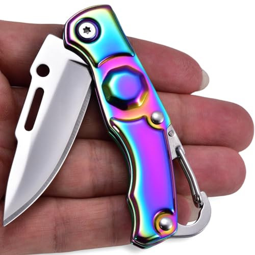 JPCRMOV Mini Taschenmesser klein Klappmesser leicht und kompakt, Edelstahl mit Titannitrit-Beschichtung, Tragbar Outdoor knife EDC Survival Messer Regenbogenfarbener Griff