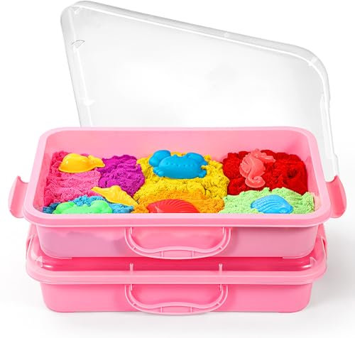 Lot de 2 bacs à sable Sensory Bin avec couvercle et poignée - Portable - Pour enfants - Plateau d'activité en plastique pour les tout-petits - Rose
