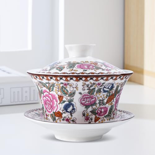 Xnqelerate Gaiwan Tasse à thé traditionnelle chinoise en porcelaine blanche, 300 ml, avec couvercle et soucoupe, pivoine rouge