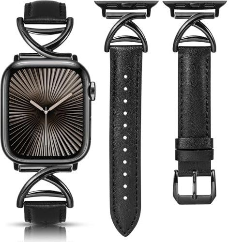 TOYOUTHS Leather Straps Compatible with Apple Watch Strap 38/40/41/42mm Women, Slim Dressy Soft Leather Bracelet with A-Shape Metal Buckle for iWatch Series 11 10 9 8 7 6 5 4 SE 3 2 1, Black/Black