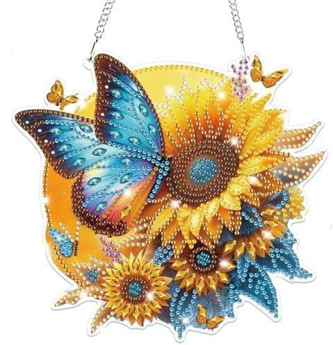 Lxmsja 5D Diamond Painting Anhänger Schmetterling für Erwachsene Kinder, Hängende Sonnenblume Ornament Bastelset Kreativ Set für Erwachsene Geschenk Mädchen 7 8 9 10 11 Jahre, Kranz Tür Fenster Deko