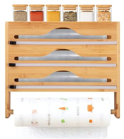 Cling Film Dispenser and Cutter with Kitchen Roll Holder, Space Saving Wrap Oraganizer and Cutter with Paper Holder, Wall-Mount Bamboo Foil and Cling Film Dispenser for Rolls 12 or Under