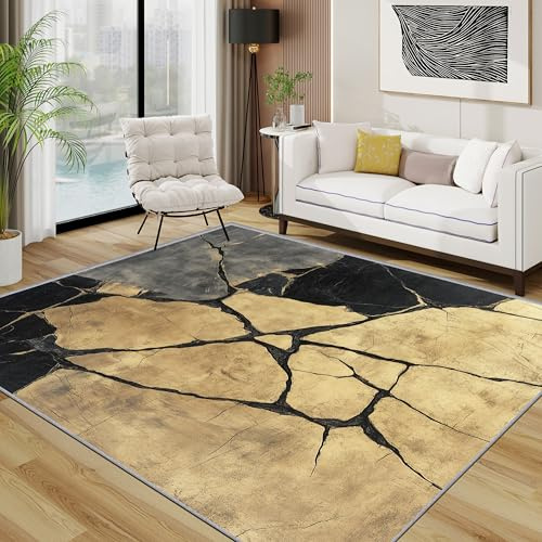 TerroVee Textur Teppich 200x200 cm, Schwarz Grau Gold Waschbarer Teppiche Wohnzimmer, Modern abstrakt rutschfest Antirutsch Groß Teppiche Für Esszimmer, Quadratisch, Schwarz Gold Grau