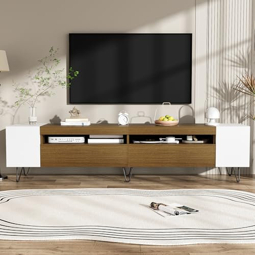 Mueble de TV de 180 cm para televisores de hasta 80 pulgadas, con 2 puertas y varios compartimentos abiertos, armario para TV con patas metálicas negras, mueble de TV para salón u oficina (color