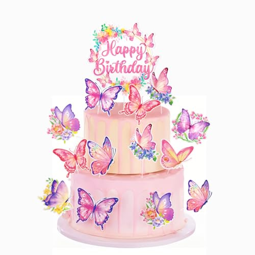 VGRDTW 17 Pack 3D Butterfly Cupcake Toppers for Girls, Pink First Birthday, Fairy First Birthday, Happy Cake Decorations Party Supplies