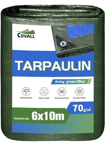 COVALL Bâche légère,6x10m 70g/㎡ Bâche multifonctionnelle de Protection UV Verte/Bleue pour Housses de Protection de Voiture, draps de Camping, Housses de Pluie extérieures, etc.6x10m