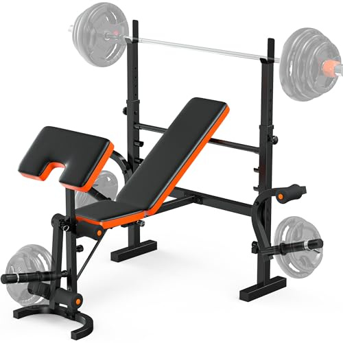 XDDIAS Hantelbank Verstellbar für Zuhause, Flach-/Schrägbank mit Squat Rack,Curlpult & Beinstrecker, Langhantelbank für Krafttraining, 350 kg Belastbarkeit