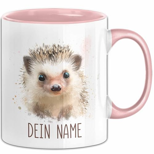 Igel Tasse mit Namen – Personalisierte Kaffeebecher Geschenkidee süßes Tiermotiv Namenstasse (Rosa)