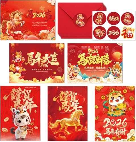 Chinese New Year Cards 2026, 6 Pcs Happy Chinese New Year Card, Spring Festival Good Luck Greeting Cards with Envelopes for Lunar New Years Gifts