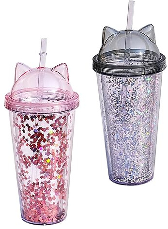 Hperu Glitter Water Cup, 2Pcs 400-500ml Grey Double Layer Water Cup with Straw, Glitter Design Drinking with Cat Ear for Girl and Daily Use