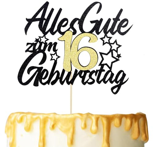 Gleevio Sweet 16 Tortendeko 16 Geburtstag Mädchen,Glitzer Kuchen Deko 16 Geburtstag Junge,Cake Topper 16. Geburtstagdeko,Happy 16th Birthday Tortendeko,Geburtstagsdeko 16 Jahre Mädchen,Schwarz Gold