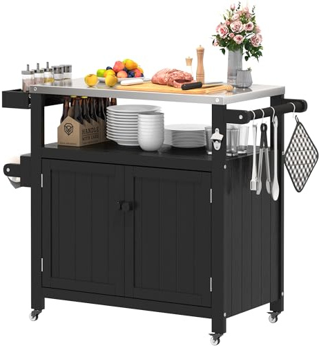 Jacklin F Isla de Cocina Exterior con Ruedas Marrón - Carro de Barbacoa Móvil Multifunción, Superficie de Trabajo y Almacenamiento, Armario Portátil para Jardín Terraza Campamento Picnic