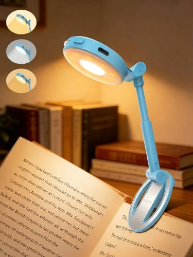 EastPin Portable Book Light Clip on Reading Light for Books Gifts for Men | Rechargeable, 3 Colours, Stepless Dimming, Memory Timer Night Reading Lamp Office Gadgets, Stocking Fillers For Men, Blue