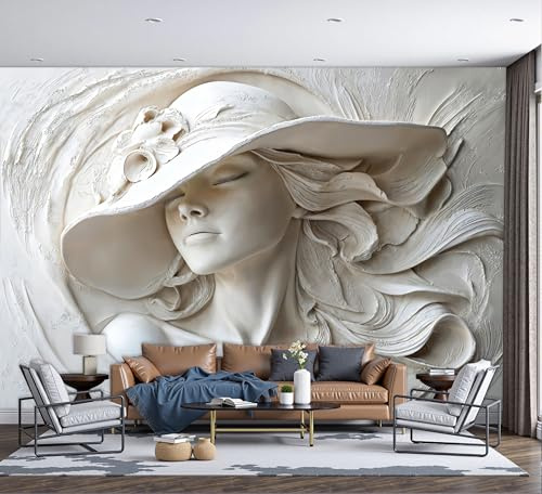 WunM Studio Papier Peint Intissé Fresque Murale Relief 3D Femme panoramique 3D portant un chapeau Décoration Murale Salon Chambre Grand Format 400x280cm Non Adhésif