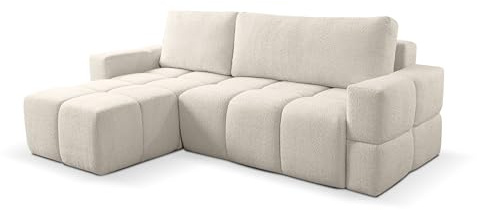 VENASI MÖBEL Ecksofa LUSSO, Eckcouch in L-Form mit Schlaffunktion und Bettkasten, Farbe: Beige, Bouclé-Stoff, Ottomane Universal