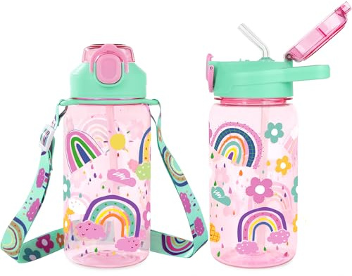 Queenshin Girls Rainbow Water Bottle with Straw for School Kids 20oz Large | Plastic Leak Proof Children Waterbottle Cup, Strap Handle Pop-Up Cover, Sports Back to School Camping Birthday Gifts, Pink