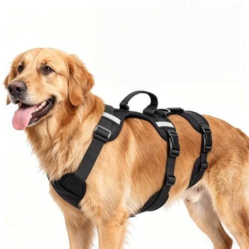 Racocou Ausbruchsicheres Hundegeschirr für mittelgroße und große Hunde, 3-Punkt-reflektierend, verstellbar, gepolsterter Griff, atmungsaktiv, bequem für Outdoor-Training, Spazierengehen, Schwarz