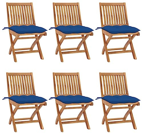 LoogCape Folding Garden Chairs Made of Solid Teak Wood with Blue Upholstered Cushion, Set of 6, Weatherproof Balcony Chairs and Patio Chairs with Backrest, Stackable, Comfortable Seat Height for