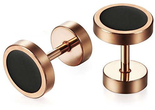 JewelryWe Schmuck Herren Ohrringe, 8mm Edelstahl Fake Plug Ohrclips Emaille Lünette runde coole Ohrstecker Tunnel Piercing für Männer, Rosegold Schwarz