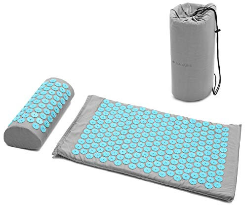 Navaris 2in1 Akupressur Massage Set - Akupressurmatte und Kissen mit Tasche - Akupressur Matte und Kopfkissen - Nadelmatte Hellgrau