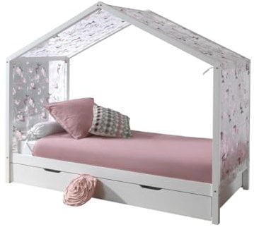 Vipack Dallas 3 Hausbett 90 x 200 cm Liegefläche inkl. Bettschublade und Textilhimmel, Weiß