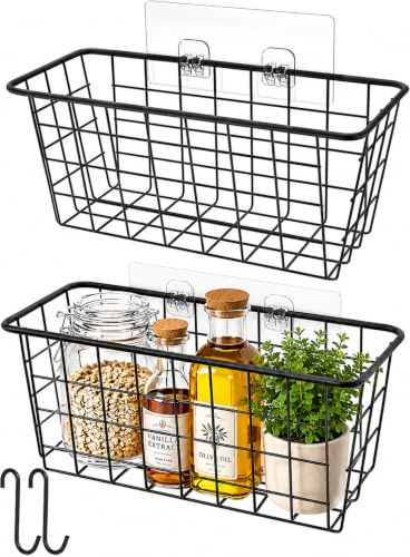 MaraFansie Hanging Kitchen Baskets Wire Storage Basket Over the Cabinet Door Organizer, No Drilling Adhesive Basket for Cabinet Pantry Organization and Kitchen, Bathroom, Storage, 2 Pack, Black