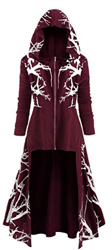 FNKDOR Halloween Kostüm Damen Gothic Baum Grafik Lang Umhang Mantel Mit Kapuze Reißverschluss Rot XXL