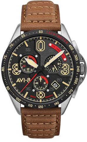 AVI-8 Herren 43mm P-51 Mustang Blakeslee Chronograph Bronze Oak Japanische Meca-Quarz Fliegeruhr mit Lederarmband AV-4077-02