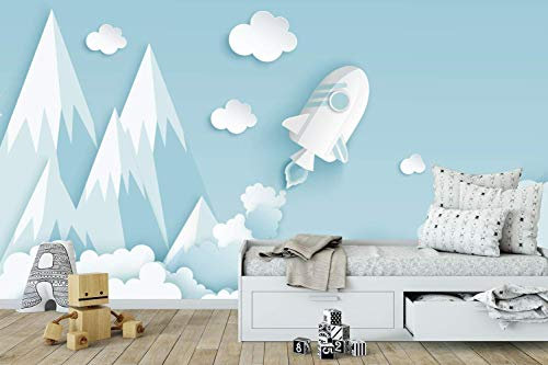 Oedim Fototapete für Kinder, Wand, Raketen, Berge und Wolken auf blauem Himmel, Wandbild, dekoratives Vinyl, 500 x 300 cm, Dekoration für Esszimmer, Wohnzimmer, Zimmer