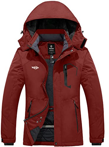 Wantdo Femme Veste de Ski Isolante Imperméable Veste Hiver Chaude Veste de Pluie Coupe-Vent Blouson de Ski Snowboard Veste d'hiver à Capuche Amovible Rouge Vineux L