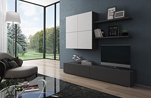 Dmora Umkehrbares Wohnzimmer-Wandsystem, TV-Schrank mit Hängeschrank und Regalen, Komplettes Wohnzimmer, cm 200x31h39, Farbe Anthrazit und Weiß